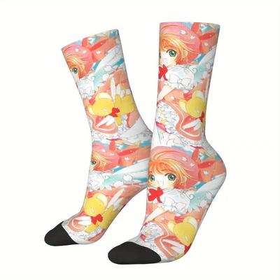 TEMU Anime-inspired Cherry Girl 3d Print Socks, Polyester Knit Fabric With Stretch Elastane, Comfortable , Hand Washable - Fits Most Image
