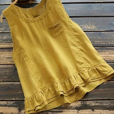 TEMU Women's Casual Sleeveless Round Neck Hem Tank Top - Vibrant Yellow, Breathable Fabric, Machine Washable, Spring Summer Fall Versatile Wear Image