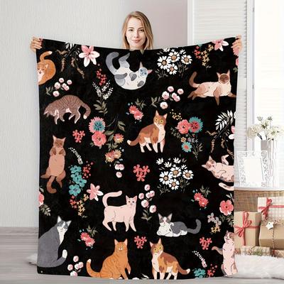 TEMU Cozy Cat And Floral Print Flannel Blanket – Soft, Warm, And Machine Washable For Sofa Or Bed, Rustic Style Home Decor With Vibrant Colors And Print Flannel Blanket | Machine Washable Throw Image