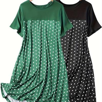 TEMU Women's Large Size Polka Dot Stitching Short Sleeve 2pcs Combination Skirt Image