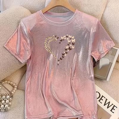 TEMU Leopard Heart Graphic Sparkle T-shirt For Women - Casual Round Neck, Short Sleeve, Top With Golden & Design, Casual Wear|| Image