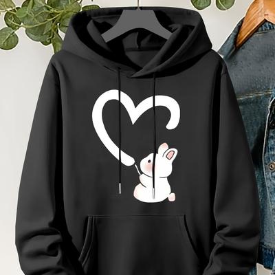 TEMU & Heart Print Hoodie For Women - Casual Plus Size Pullover With Pockets, Polyester, Fall/winter Image