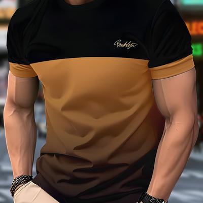 "TEMU Men's Casual Crew Neck T-shirt With "" Graphic - Ombre, Short Sleeve, Regular Fit, Casual Attire|graphic Tee|stretchy Fabric" Image