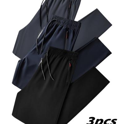 TEMU 3-pack Men's Plus Size Casual Pants - 100% Polyester Solid Color Breathable Sportswear With Zipper Detail, Regular Fit, Stretch For Spring/summer Image