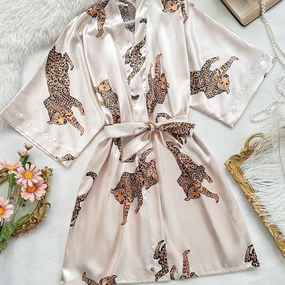 TEMU Women's Leopard Print V-neck Robe With Tie Waist - Sexy, Comfortable Homewear For All , Lightweight Polyester, Animal , Casual Wear Robe | Stylish Leopard Print | Polyester Image