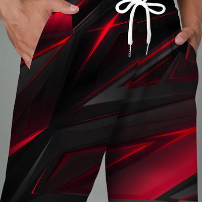 TEMU Men's Plus Size Casual Summer Shorts - Geometric Pattern, Breathable Fabric, Drawstring Waist, Pockets, , Shorts|geometric Pattern Shorts|stretchable Fabric Image