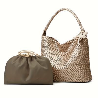 TEMU Ladies' 2pcs Set, High-end Pu Material, -colored Star Woven Bag Style, Large-capacity High Bag, High-end Hand Single-shoulder Bucket Bag Image