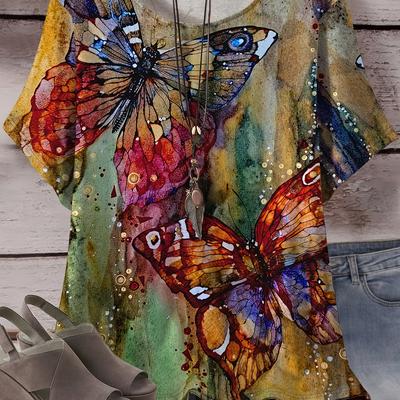 TEMU Women's Plus Size Bohemian All- T-shirt - Stretchy Casual Round Neck Short Sleeve Top, Machine Washable & Breathable For Casual Attire, Vibrant Wardrobe Addition, Tee, Soft Texture Shirt Image