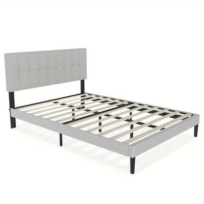 TEMU Upholstered Bed, Dark Grey/light Grey, 90 X 200 Cm/140 X 200 Cm/160 X 200 Cm, Bed Frame With Buttons, Platform Bed Frame With Upholstered Linen Headboard, Wooden Slat Support Image