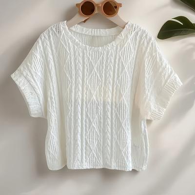 TEMU Girls' Casual Crop Top With Batwing Sleeves - Loose Fit, Round Neck, Solid Color, Stretch Fabric - Spring/summer Image