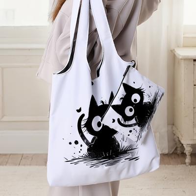 TEMU Large Capacity Two-piece Multifunctional Mother And Travel Bag, Cartoon Cute Little Black Cat Printed Pattern Handbag, Portable Shoulder Bag, Reusable Shopping Handbag Image