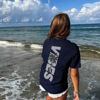 TEMU Women's Summer Casual Short Sleeve T-shirt - Tree & Vibes Print, Relaxed Fit Round Neck, Breathable Machine-washable Fabric For Beach & Casual Attire Image