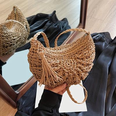 TEMU Beige Woven Crossbody Bag With Fringe Detail - Casual, Beach-themed, Zipper Closure, Polyester Lining, Summer Vacations And Casual , Beach Accessory||zippered Bag Image