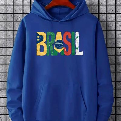 TEMU 1pc Men' Hoodie With Brazil Flag Print, Casual Polyester Pullover With Stretch, Knit Fabric Hooded Sweatshirt With Kangaroo Pocket, Loose Image