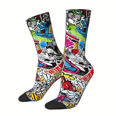 TEMU Pattern 1 Pair Men's Short Crew Socks, Breathable Comfy Casual Socks Sweat-absorbing Fashion Sports Socks For Basketball Running Image