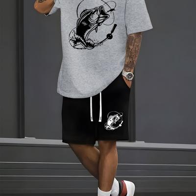 TEMU Dynamic Fishing Instant Print Men's Short Sleeve T-shirt And Waistband Shorts 2pcs Set, Casual Sports Regular Top And Pants Suit, Suitable For Spring And Summer Matching Image