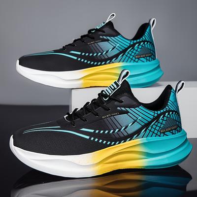 TEMU Men' Black, Teal & Yellow Running Shoes - Breathable Fabric Upper, Comfortable Lace-, Casual & Sporty Attire, Casual Athletic Shoes|stylish Athletic Shoes|breathable Upper Image