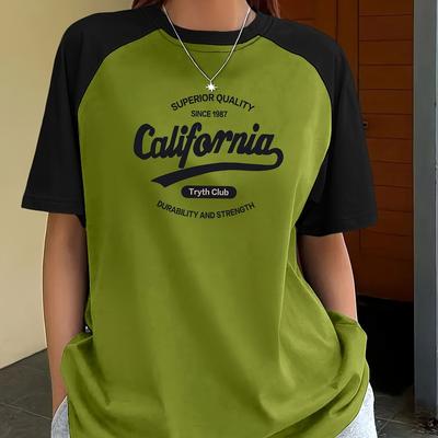 TEMU Women's Retro California Letter Block Short Sleeve T-shirt - Y2k Style, Stretchy & Comfortable Fabric, , Casual Summer Top Image
