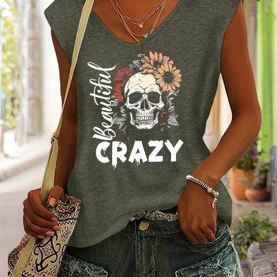 "TEMU Women's Casual Short Sleeve V-neck T-shirt - Skull & Floral Print With "beautiful Crazy" Text, Rayon Blend Stretchy Fabric, Lightweight 180gsm, Machine Washable, Spring/summer Casual Attire" Image
