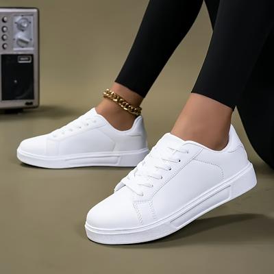 TEMU Women's Fashion Sneakers - Lightweight, Non-slip White Lace-up Sneakers, , Round Toe, Microfiber Upper, Fabric Lining, Md Sole, Sneakers||durable Sneakers Image