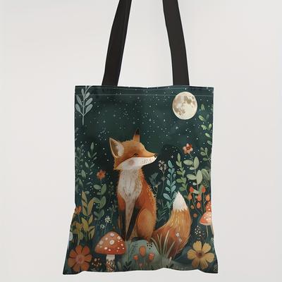 TEMU 1pc Whimsical Fox & Floral Canvas Tote Bag - Spacious & Cozy Shoulder Bag With Large Capacity, Ideal For Daily Shopping, Travel & , Versatile Handbag For , Tote Bag Image