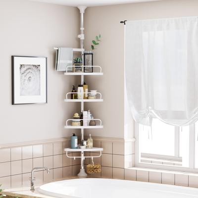 TEMU Adjustable Bathroom Corner Shelf Telescopic Shower Caddy 95-300cm Floor To Ceiling With Stainless 4 Trays 3 Hooks 1 Towel Bar White And Silvery, Shower Caddies Image