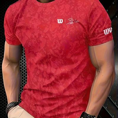 TEMU Men's Red Casual Short Sleeve T-shirt With White Letter Logo - Breathable Round Neck Summer Tee, Machine Washable Regular Fit, Sporty Style Shirt | Durable Casualwear Image