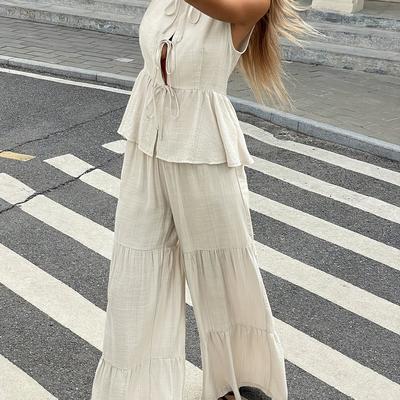 TEMU Women's Sleeveless Beige Jumpsuit With Ruched Detail - Minimalist Fashion, Casual Everyday Attire, Spring/ Style, Casual Attire | Ruched Jumpsuit | Ruched Detailing, Jumpsuit Image