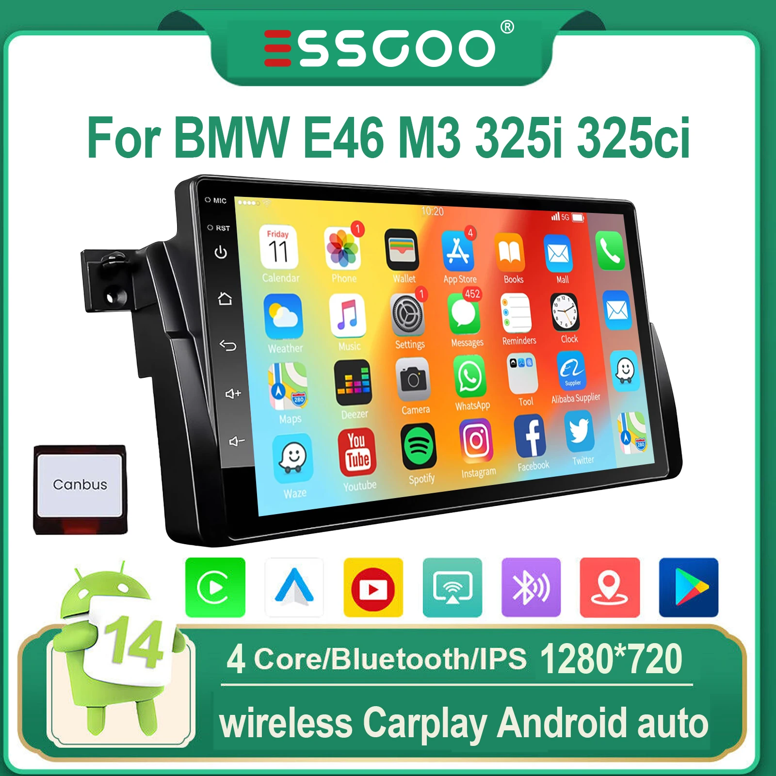 ESSGOO 9" Android 14 GPS-Navigation Lenkradsteuerung WIFI Apple CarPlay Android Auto Wireless FM Bluetooth Mirror Link 32GB/64GB Für BMW E46/318i/320i/323i/325i/328i/330i IPS Touchscreen Autoradio
