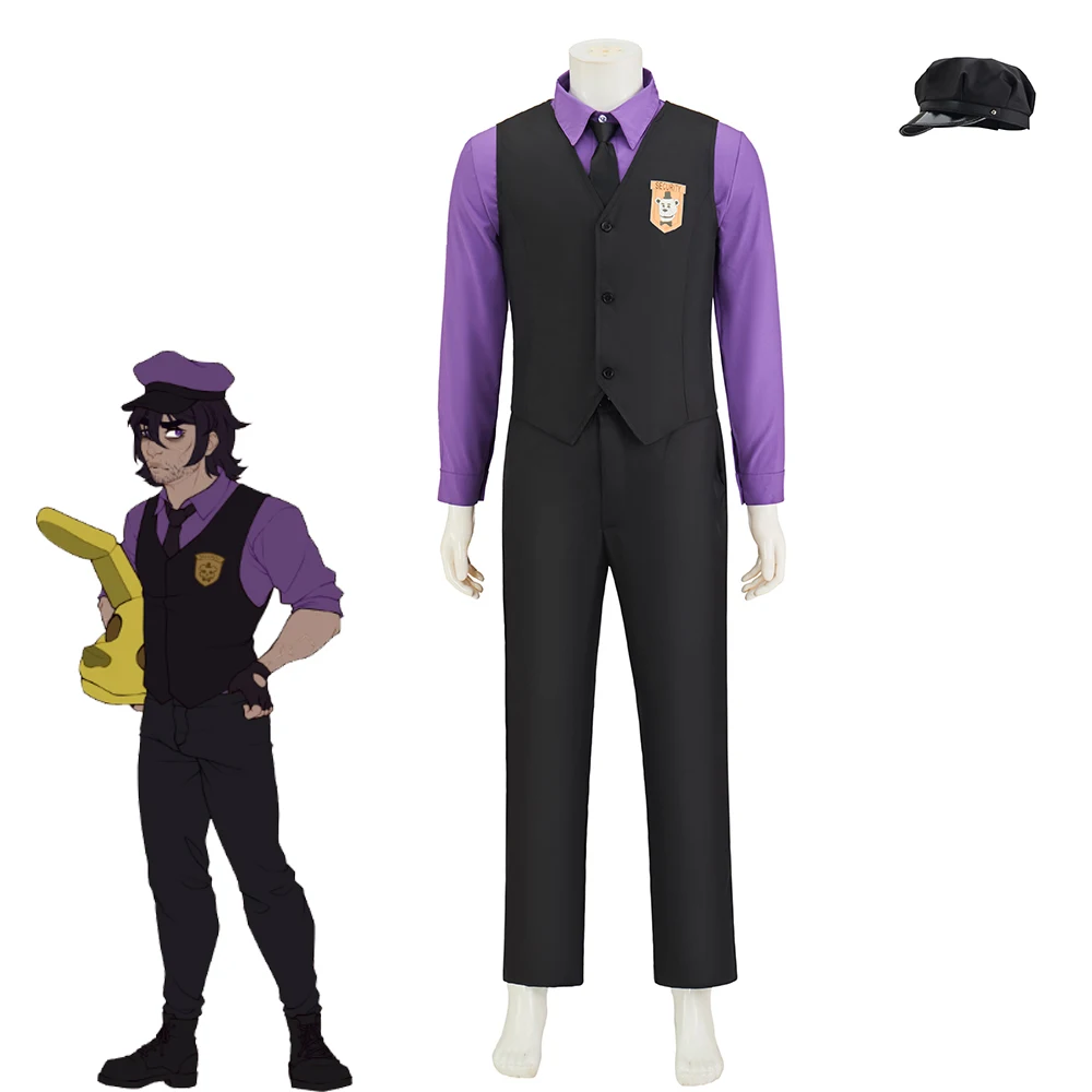 Spiel FNAF Purple Guy William Afton Cosplay Kostüm Herren Anzug Top Weste Hose mit Hut Halloween Party Alltag Outfit Image
