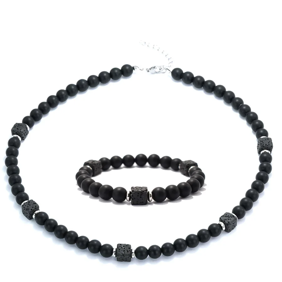 2Pcs Männer Schmuck Armband Set Schwarz Onyx Obsidian Lava Yoga Meditation Heilung Halskette Armband Lokomotive Outdoor Zubehör Image