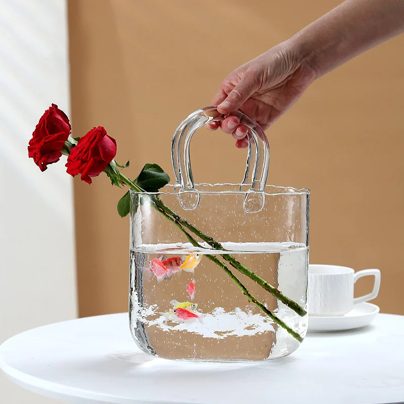 Glas-Geldbörsenvase für Blumen, transparente Taschenvase, handtaschenförmige Vase, einzigartige dekorative Vase für die Heimdekoration zum Muttertag Image