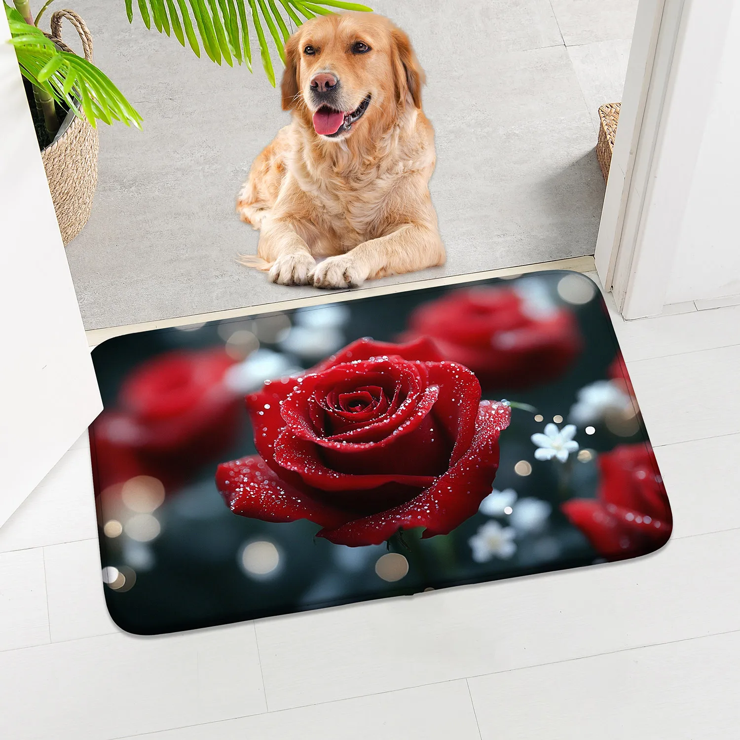 1-teilige Fußmatte mit rotem Rosenmuster, Willkommensmatte, geeignet für Familienwohnzimmer, Premium-Flanellteppich Image