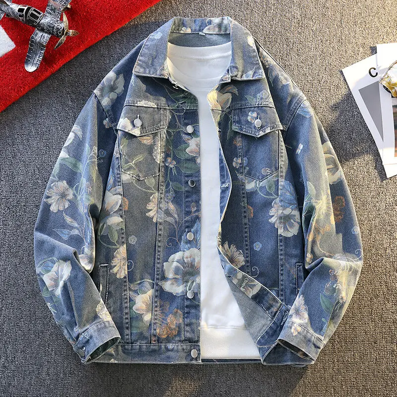 Herren Casual Übergroße Baumwolle Casual Blau Denim Druck Jacke Denim Jacke Männer Mode Motorrad Jeans Jacken Mann Oberbekleidung Mantel
