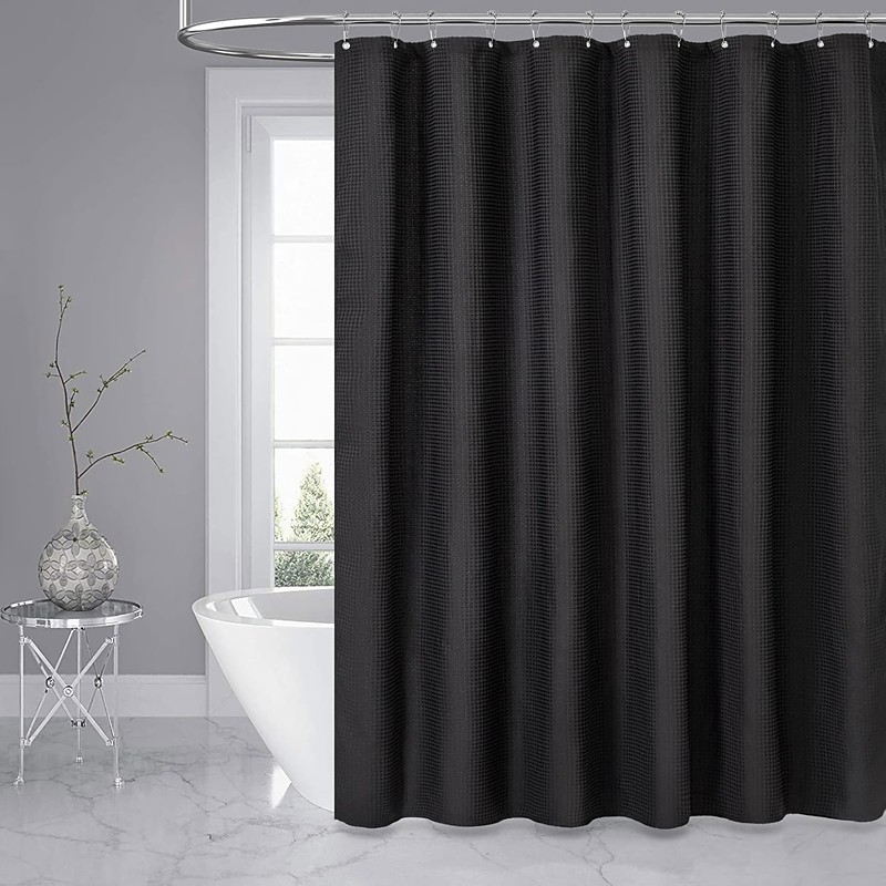 Fabric Shower Curtain Waffle Textured Heavy Duty Cloth Curtains for Bathroom, Hotel Spa Luxury Weighted Polyester Bath Curtain Set with 12 Plastic Hooks