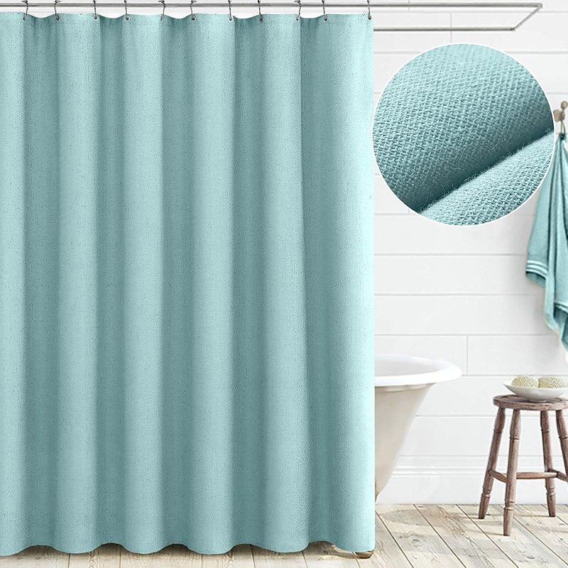 Linen Feel Shower Curtain with 12 Hooks Beige Boho Farmhouse Shower Curtains for Bathroom Natural Cloth Cotton Fabric Liner