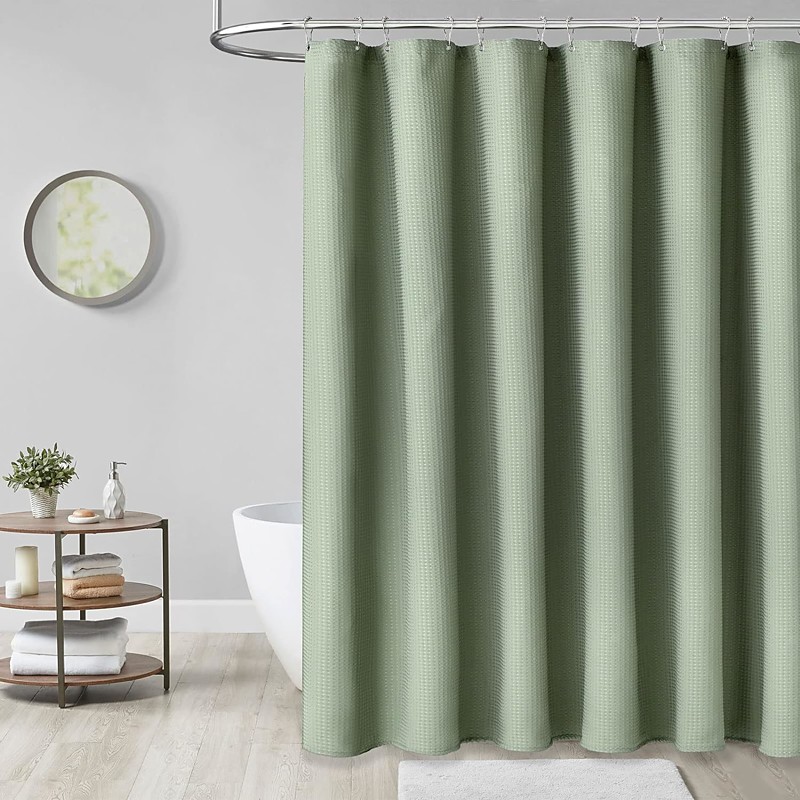 Fabric Shower Curtain Waffle Textured Heavy Duty Cloth Curtains for Bathroom, Hotel Spa Luxury Weighted Polyester Bath Curtain Set with 12 Plastic Hooks