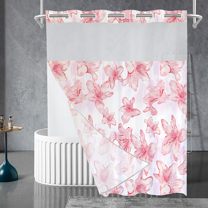 No Hook Shower Curtains 180cm180cm(7070), Floral Extra Long Bathtub Curtains with Snap in Liner, Botanical Flowers Waterproof Washable Fabric Bathroom Shower Curtain Sets