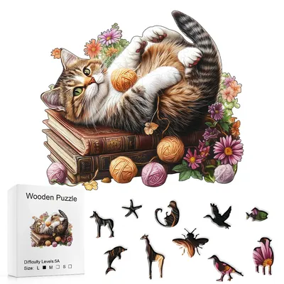 Cat Wooden Puzzle : Irregular Animal Shapes, Mixed Color Plywood – Adult Puzzle Game, Home Decor &