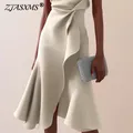 Abito estivo senza maniche con volant con nodo irregolare Abito da donna sexy girocollo solido Abito da pendolare Primavera Slim A-Line Abiti da festa Abiti