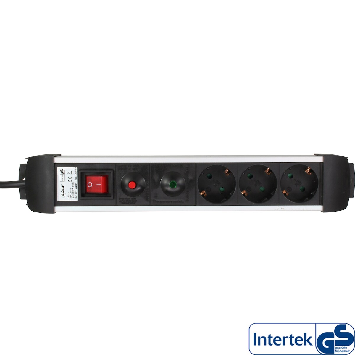 InLine® Steckdosenleiste Alu, 3-fach Schutzkontakt, mit Ü-Schutz, Schalter, 1,5m Image