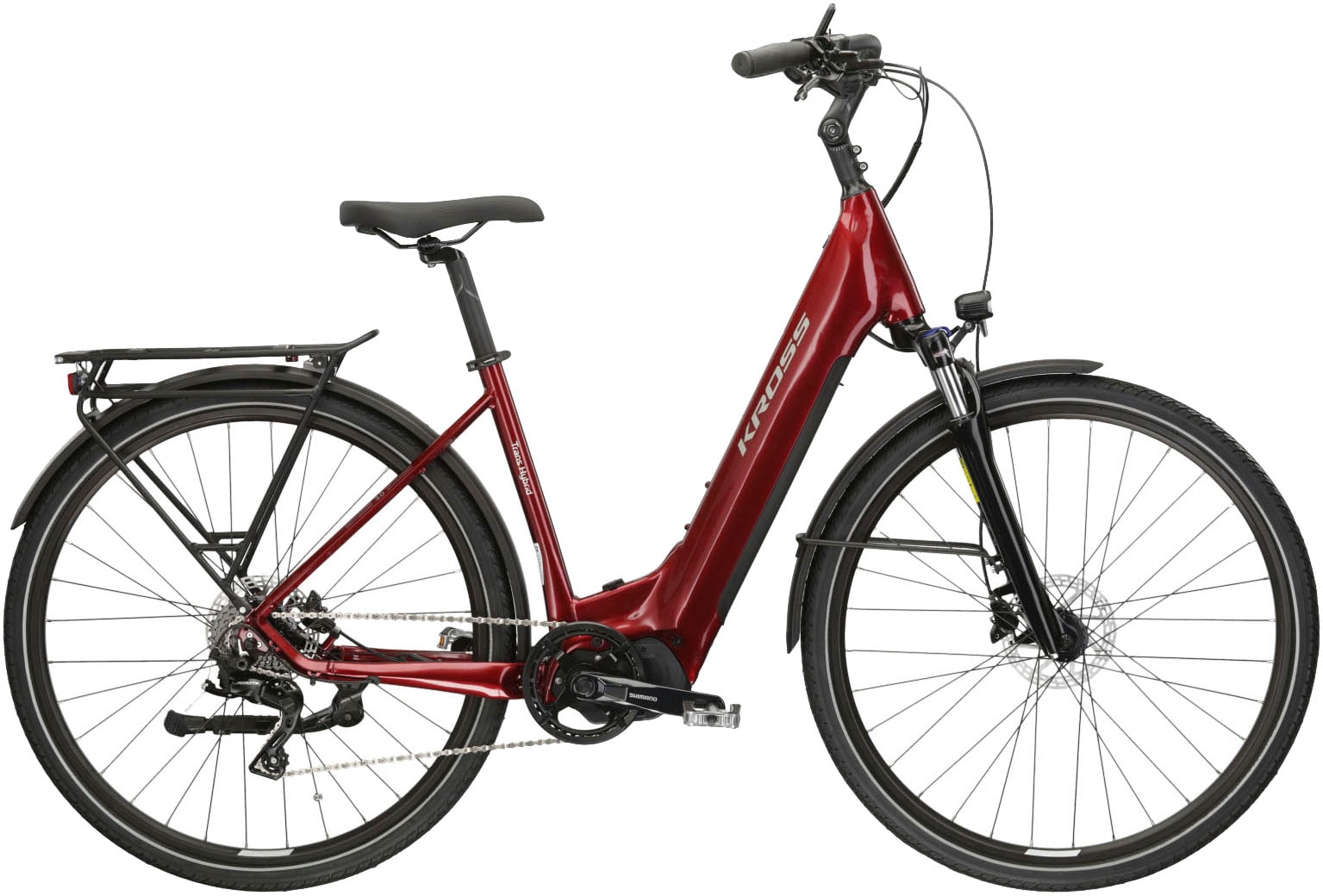 E-Bike KROSS "E-Trekkingrad Trans Hybrid LS 3.0 28 Zoll rot" Gr. 56, rot (rot, schwarz), Elektrofahrräder, 56cm, 28 Zoll (71,12cm), Pedelec, Elektrofahrrad für Damen und Herren Image