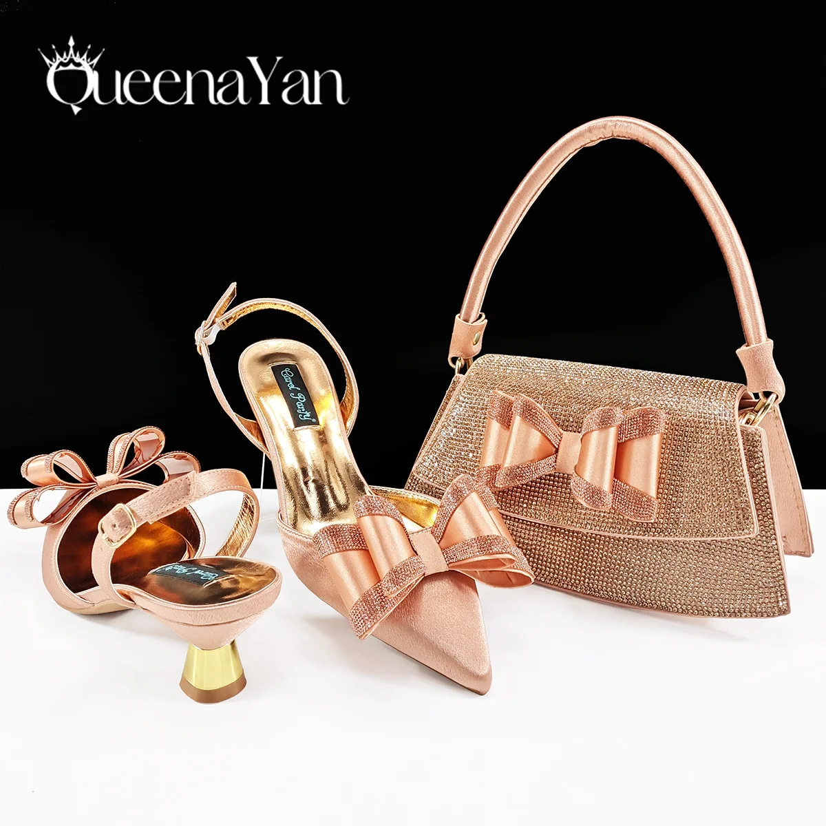Queena Yan Italian Design High Quality Elegant Butter-fly Design Decoration Peach Color Party Wedding Women Shoes and Bag