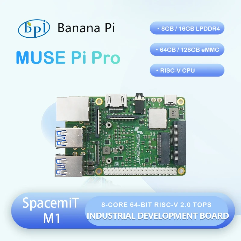 MUSE Pi Pro SpacemiT M1 8-Core 64-Bit RISC-V Prozessor 2.0 TOPS 8/16 GB LPDDR4 64/128 GB eMMC HDMI 1.4 Typ-A Industrieplatine Image