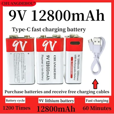 Brand New 9V Battery 12800Mah Large Capacity Type-C Fast Charge 9V Battery Outdoor Emergency/Remote Control Toys/Smoke Alarm/Camera/Microphone Universal Safe and Durable Hot Model Best-Selling