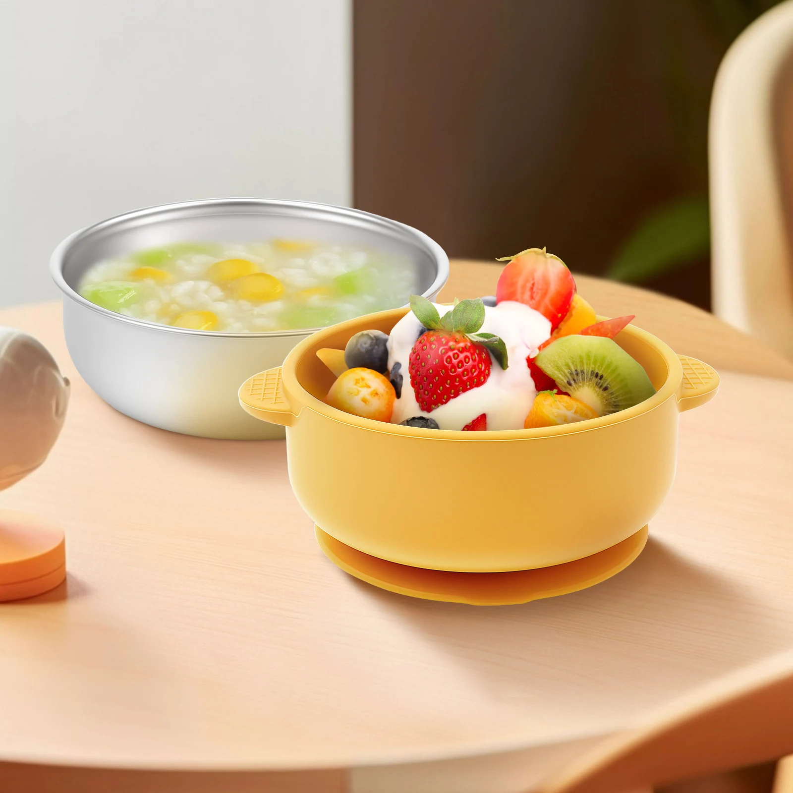 4 Stück Babyschalen aus Edelstahl 304 mit abnehmbarer Silikonhülle, rutschfeste Kleinkind-Saugschalen, Snackbehälter für Kleinkinder Image