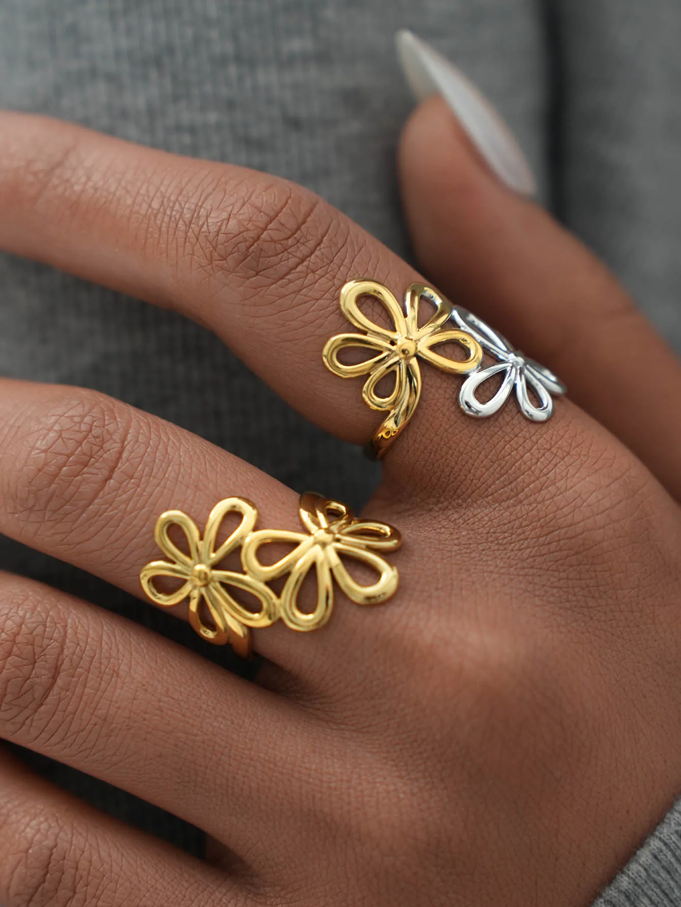 Unregelmäßige Blume Geometrische Hohl Einstellbare Offene Ringe Für Frauen Edelstahl Metall Trendy Charme Schmuck Zubehör Geschenk Image