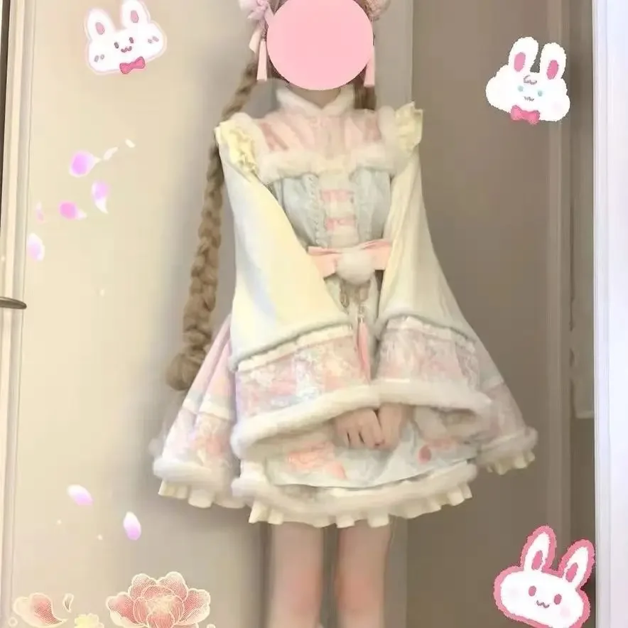 Japanisches Kawaii-Lolita-Kleid für Damen, süße Schleife, chinesisches Element, Vintage-Minikleid, rot, langärmelig, Weihnachtsfeier-Kleider 2025,