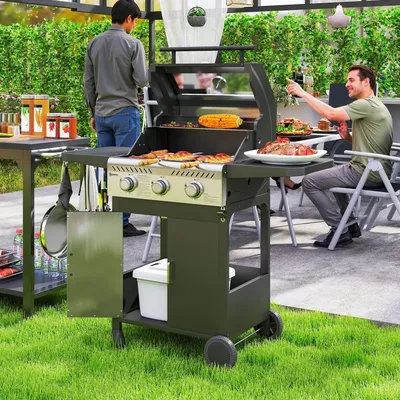 Outsunny 3 Burner Gas BBQ Trolley with See-through Lid, 7.5 kW Propane Gas Barbecue Grill with