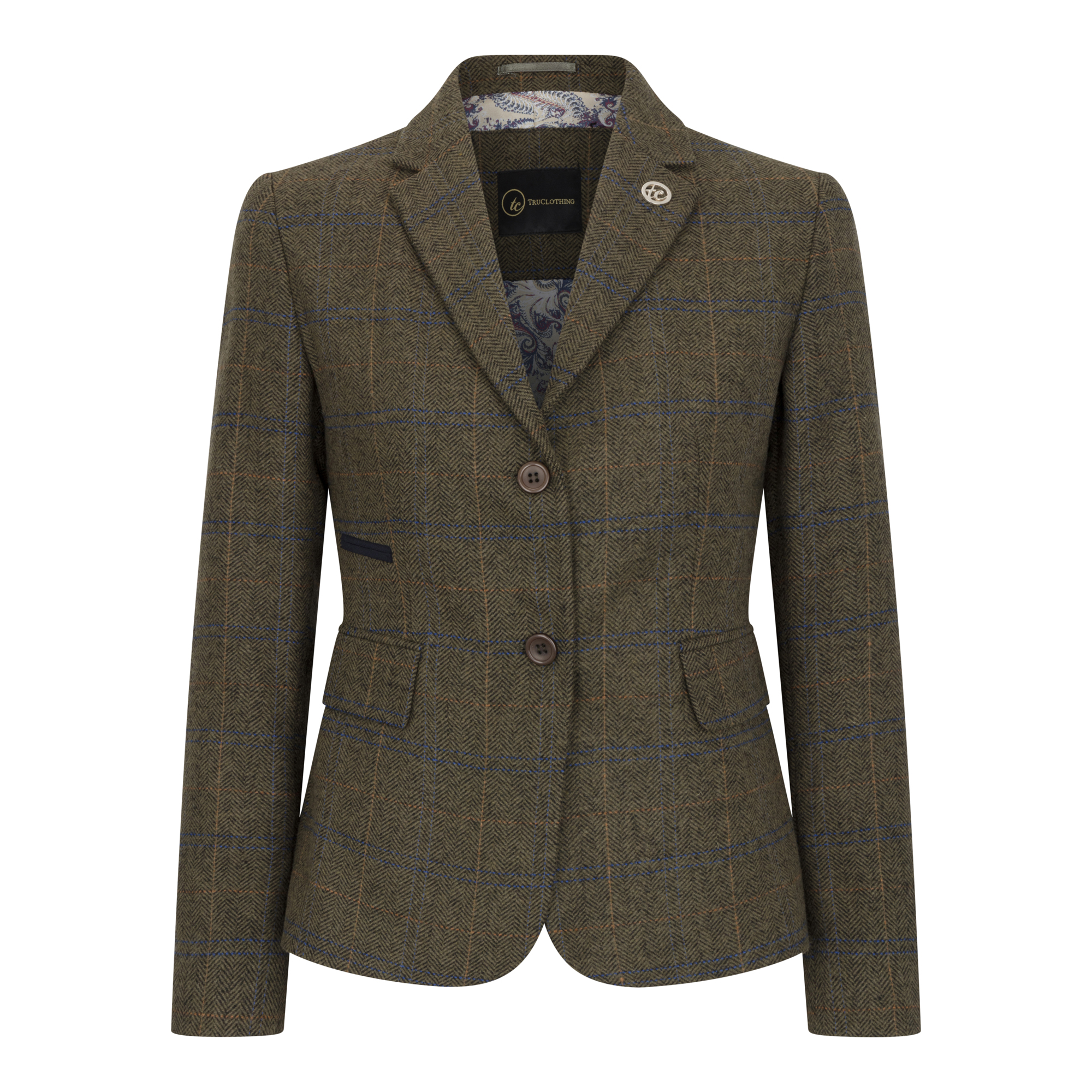 Olivgrüner Tailored Fit Tweed-Blazer mit Fischgrätenmuster für Damen Image